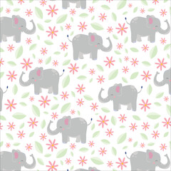 Safari animals seamless pattern with cute elephants, snail and tropical plants. Vector texture in childish style great for fabric and textile, wallpapers, backgrounds. Pastel colors.