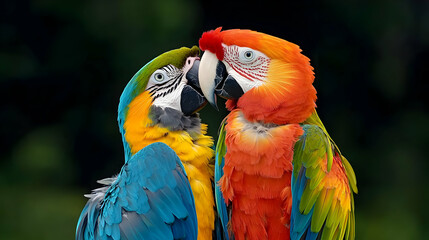 Obraz premium Two Colorful Macaws Displaying Affectionate Behavior With Vibrant Feather Detail and Green Blurred Background