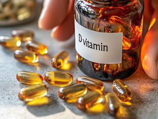A bottle with D vitamin on the table. Dietary supplements healthy food treatment. Around it are transparent capsules with golden liquid of oil. In the blur, the hand of a person in the background.