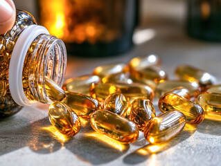 A bottle with D vitamin on the table. Dietary supplements healthy food treatment. Around it are transparent capsules with golden liquid of oil. In the blur, the hand of a person in the background.