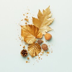 Golden leaves and pinecones arranged artistically on a light background, evoking a sense of nature's beauty.