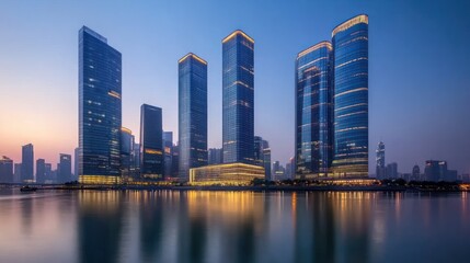 Naklejka premium Tall modern skyscrapers are reflecting in calm water during twilight