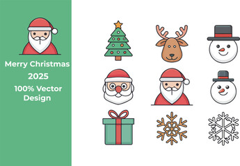 Cute Flat Christmas Icon Set 2025 Santa, Snowman, Reindeer, Tree, Gift, Snowflakes Vector Illustration	