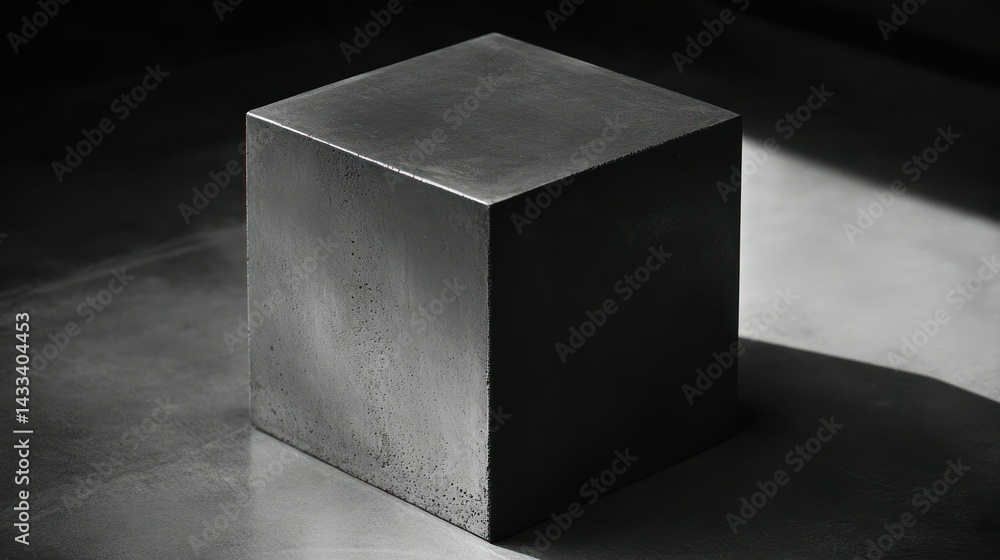 Poster a grayscale image showcases a solid cube under soft lighting conditions