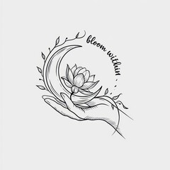 Graceful hand holding a moon and lotus flower design.