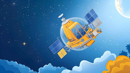 Animated Space Satellite In Orbit Above Clouds