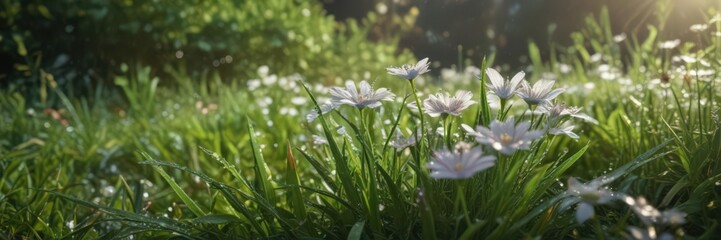 Close-up, dew-kissed flowers, sunlit green blades,  botany,  close-up