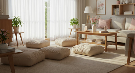 Interior Shows Living Room with Pillows, Sofa, Table, Plants, and Natural Light
