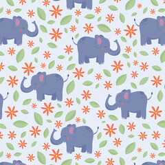 Safari animals seamless pattern with cute elephants, snail and tropical plants. Vector texture in childish style great for fabric and textile, wallpapers, backgrounds. Pastel colors.