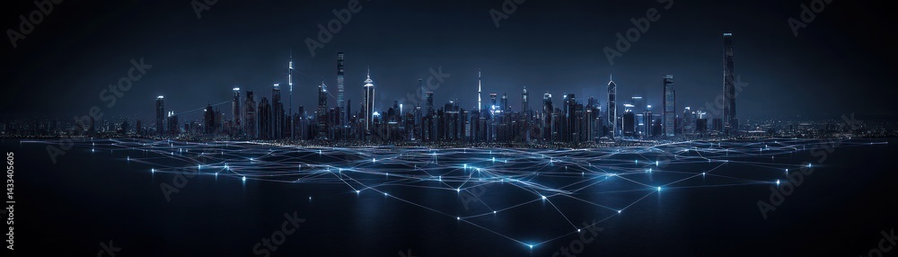 Poster an illuminated city skyline linked by a digital network of nodes