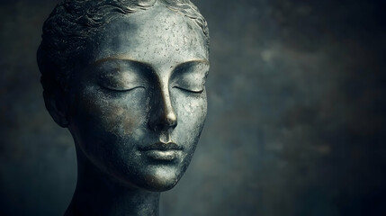 Serene bronze female bust, closed eyes, dark background, studio shot, meditation, peace concept