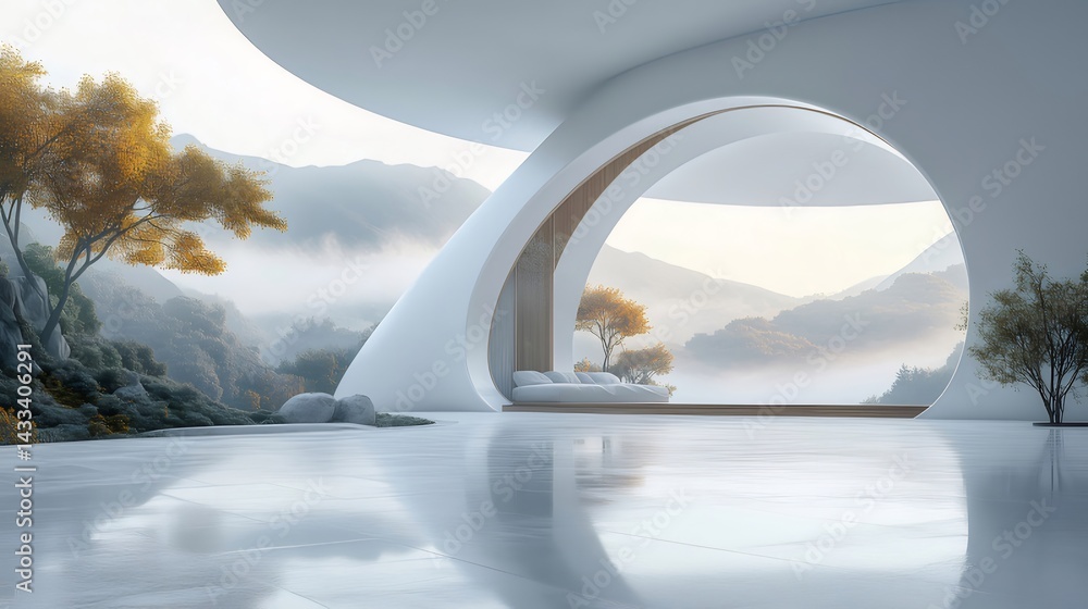 Poster 白いアーチ型の建築と緑豊かな自然風景の調和霧がかかった山々と木々が背景に広がる穏やかな空間