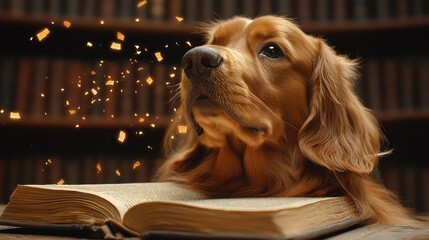 Golden Retriever Reading a Magical Book
