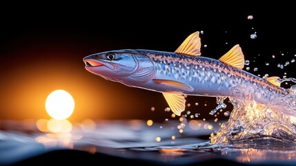 Obraz premium A speckled fish leaps from water at sunset