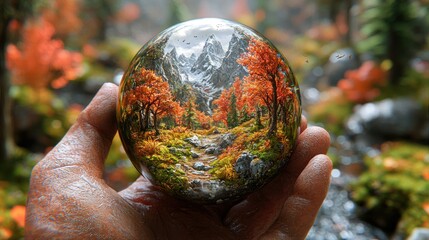 Autumnal Mountain Vista Captured in a Crystal Sphere