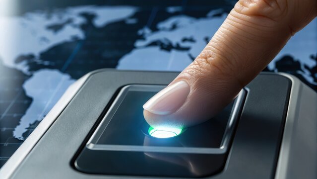 A finger touches a biometric scanner on a device, with a world map in the background, symbolizing technology and security.