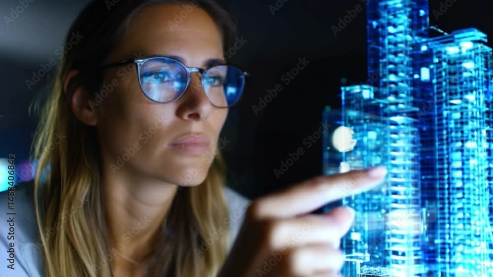 Poster professional engineer interacts with a holographic display of futuristic city architecture