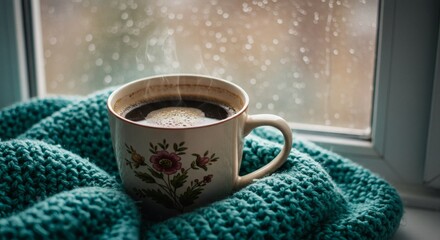 Cozy Coffee Mug by Window on Rainy Day with Knitted Blanket