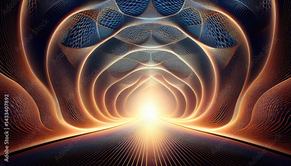 Poster illuminating pathway of light in a fractal tunnel digital art abstract environment futuristic perspe