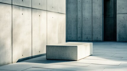 A concrete bench sits next to the structured wall of architecture