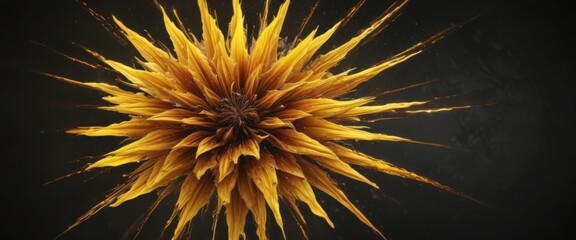 Fiery yellow bloom, intense starburst against dark canvas, sky, light