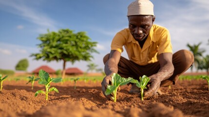Farmer Plants Seedlings in A Field Under A Sunny Sky