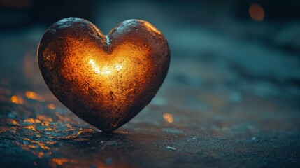 A beautiful glowing heart sits on a reflective surface