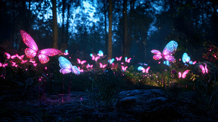 Glowing Butterflies In A Magical Night Forest