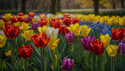 Fototapeta premium Multicolored tulips and daffodils forming a vibrant springtime display.