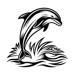 Silhouette Dolphin Leaping Above Water with Palm Trees, Moon and Starry Sky