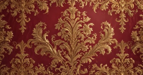 Fototapeta premium Intricate baroque damask, deep crimson, gold leaf details, refined, historical