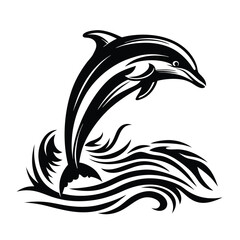 Black Silhouette of Leaping Dolphin with White Accents on a White Background