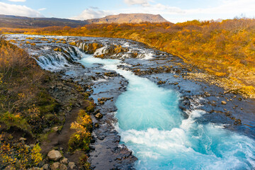 Blue Bruarfoss waterfalls in Iceland. Great tourist attraction