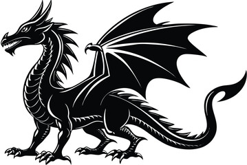 Fototapeta premium Black Dragon with Wings Spread, Tribal Silhouette Style Illustration, Fictional Animal