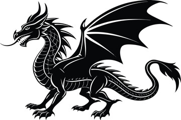 Striking Monochrome Dragon Detailed Winged Beast with Horns & Spiked Tail Design
