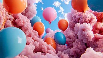 surreal celebration with colorful glossy balloons, floating inside misty ink clouds, rich pinks, blues, and oranges, layered festive textures