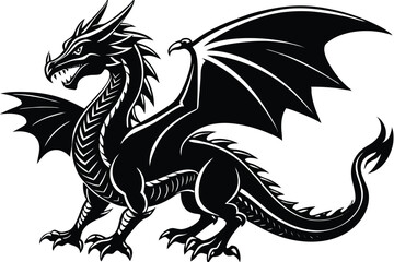 Silhouette Dragon Fierce, Mythical Creature with Wings and Tail, Fantasy