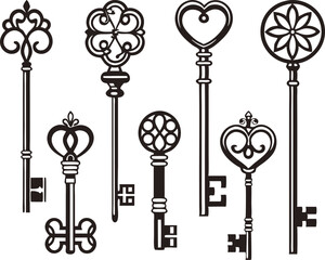 Black Key Design Collection on White Background for Micro stock. Antique and Modern Black Key Illustrations for Branding and Logos. Decorative Black Key Set Featuring Vintage and Minimalist Styles