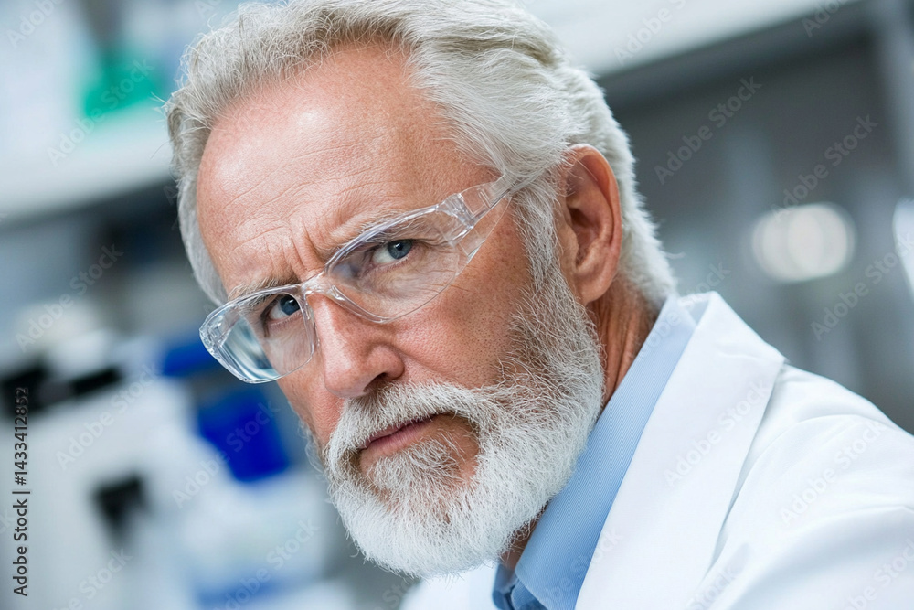 Poster scientist conducts research on chemical formulas in laboratory setting while examining data meticulo