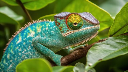 Fototapeta premium Colorful Chameleon Perched on Branch Surrounded by Green Leaves Close-up