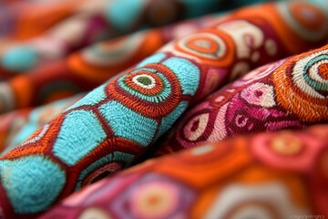 Fototapeta premium Vibrant seamless geometric patterns featuring hexagons, waves, and dots in bold colors on textile fabric