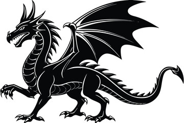 Black silhouette of a dragon standing with spread wings, fantasy beast design
