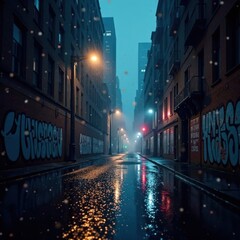 Moody urban landscape with foggy streetlights and graffiti walls in a rainy cityscape at night, grunge aesthetic, night, modern edge