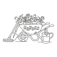 A coloring page on the theme of gardening. Garden wheelbarrow, flower pots, gardening tools and watering can.