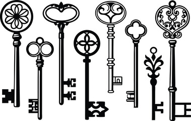 Black Key Design Collection on White Background for Micro stock. Antique and Modern Black Key Illustrations for Branding and Logos. Decorative Black Key Set Featuring Vintage and Minimalist Styles