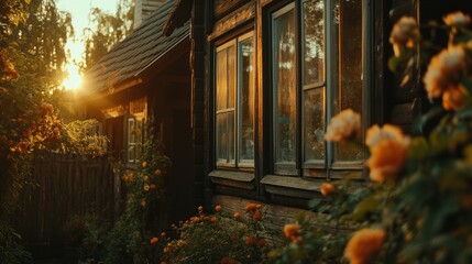 Golden sunlight illuminates an old wooden house surrounded by flowers