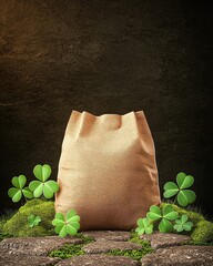 Elegant biodegradable brown bag on a stone path with clover and moss in golden hour lighting, high visual appeal