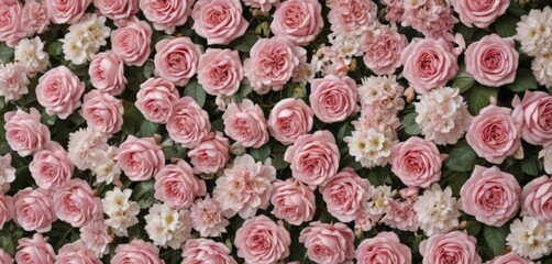 Naklejka premium Romantic artificial floral wall Pink roses, hydrangeas, daisies Elegant vintage style , elegant, wedding, pink flowers