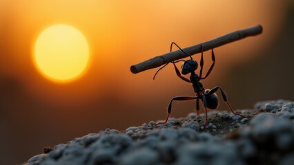 Ant Carrying Stick Against Sunset