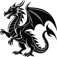 Dragon in Black Silhouette, Sharp Claws, Horns, Winged Reptile, Fairytale Beast